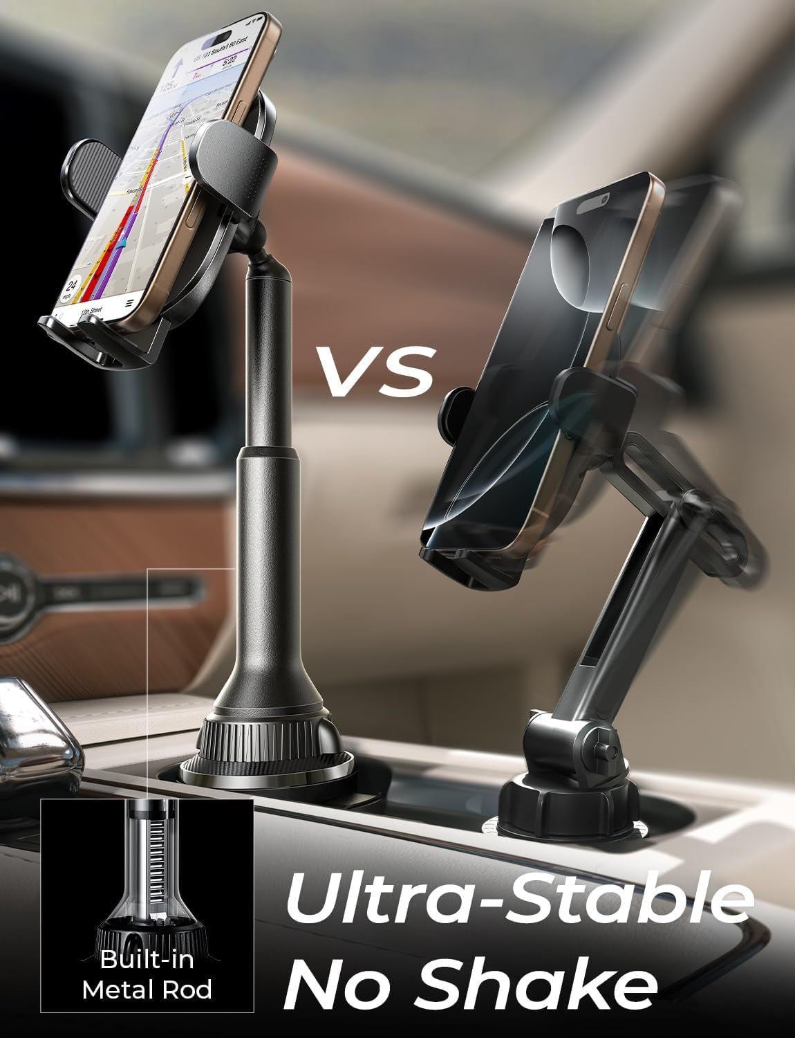 Cup Phone Holder for Car No Shaking Car Phone Holder Mount, 360° Adjustable Car Accessories for Women Truck Jeep, Golf Accessories for Iphone 16E 16 15 14 13 Pro Max Samsung S25 All 4-7'' Phone