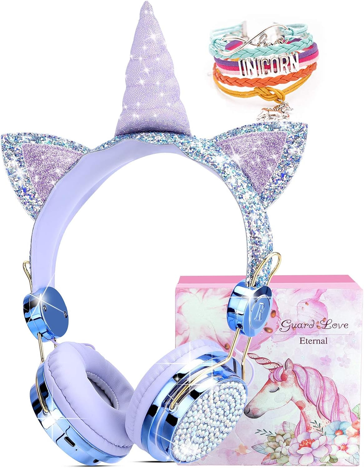 Kids Unicorn Headphones for Girls - Wireless Bluetooth Headset with Mic, Adjustable Headband, over Ear for Smartphones/School/Kindle/Tablet/Pc (Blue)