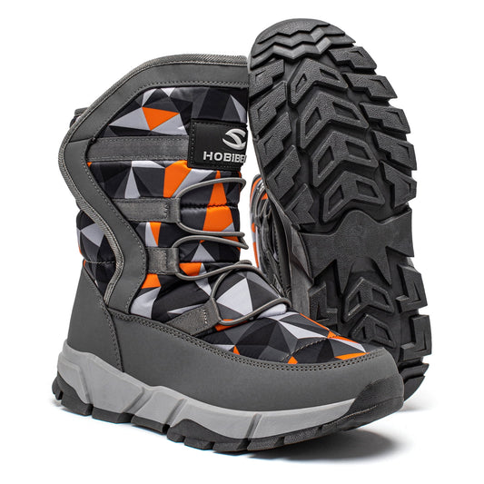 Boys Snow Boots Winter Waterproof Slip Resistant Shoes Orange/Grey,11 Little Kid