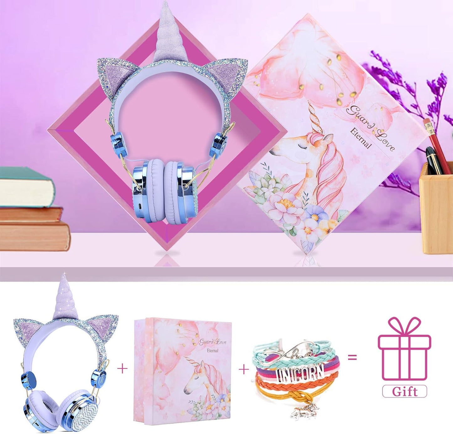 Kids Unicorn Headphones for Girls - Wireless Bluetooth Headset with Mic, Adjustable Headband, over Ear for Smartphones/School/Kindle/Tablet/Pc (Blue)