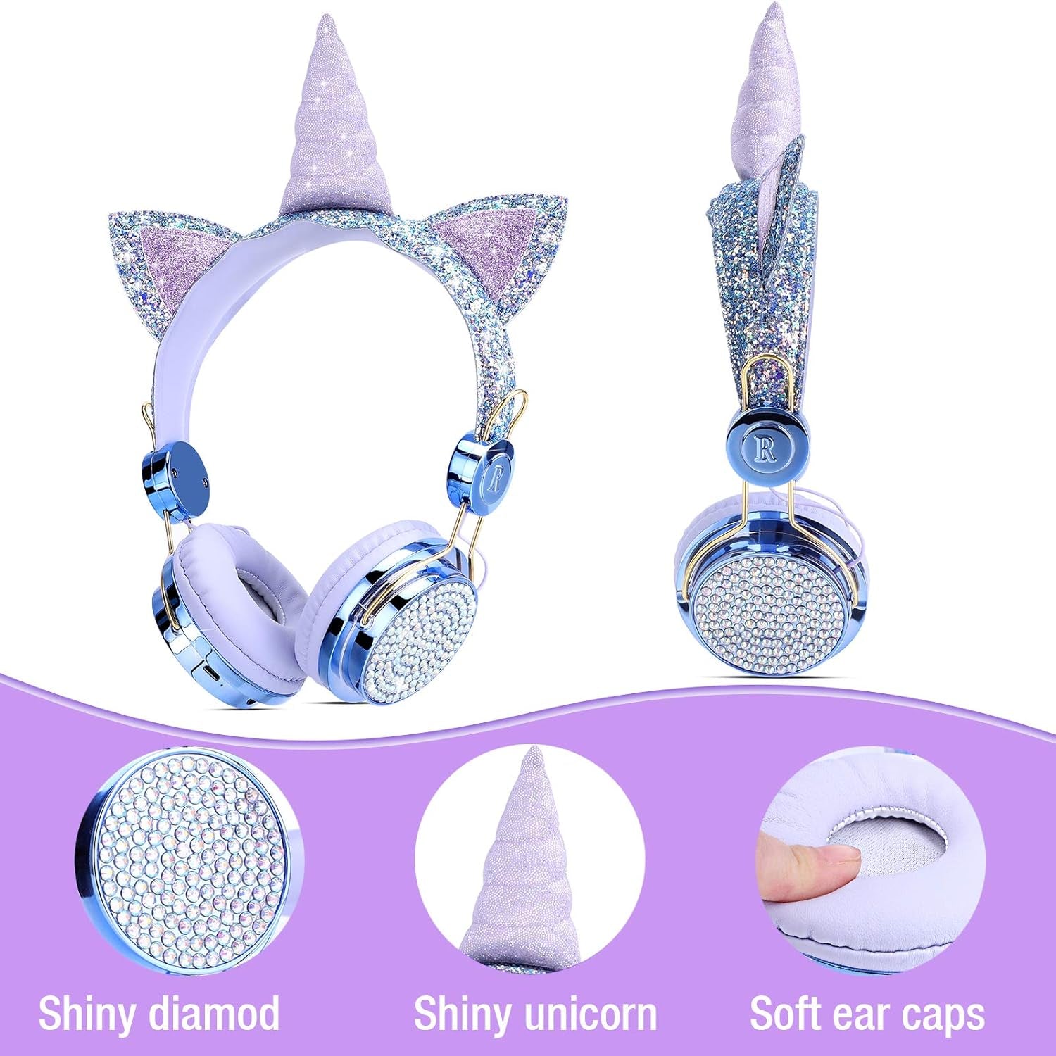 Kids Unicorn Headphones for Girls - Wireless Bluetooth Headset with Mic, Adjustable Headband, over Ear for Smartphones/School/Kindle/Tablet/Pc (Blue)