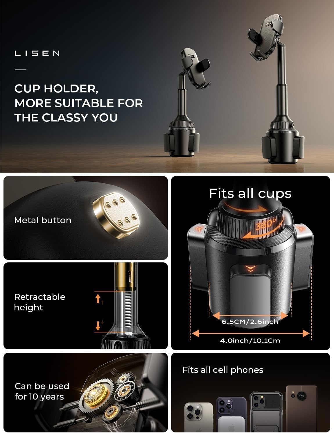 Cup Phone Holder for Car No Shaking Car Phone Holder Mount, 360° Adjustable Car Accessories for Women Truck Jeep, Golf Accessories for Iphone 16E 16 15 14 13 Pro Max Samsung S25 All 4-7'' Phone