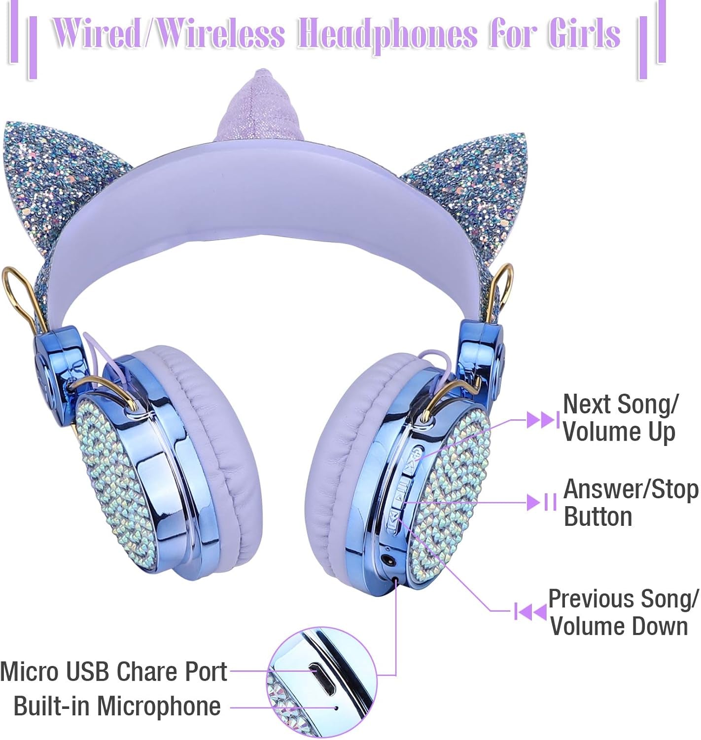Kids Unicorn Headphones for Girls - Wireless Bluetooth Headset with Mic, Adjustable Headband, over Ear for Smartphones/School/Kindle/Tablet/Pc (Blue)