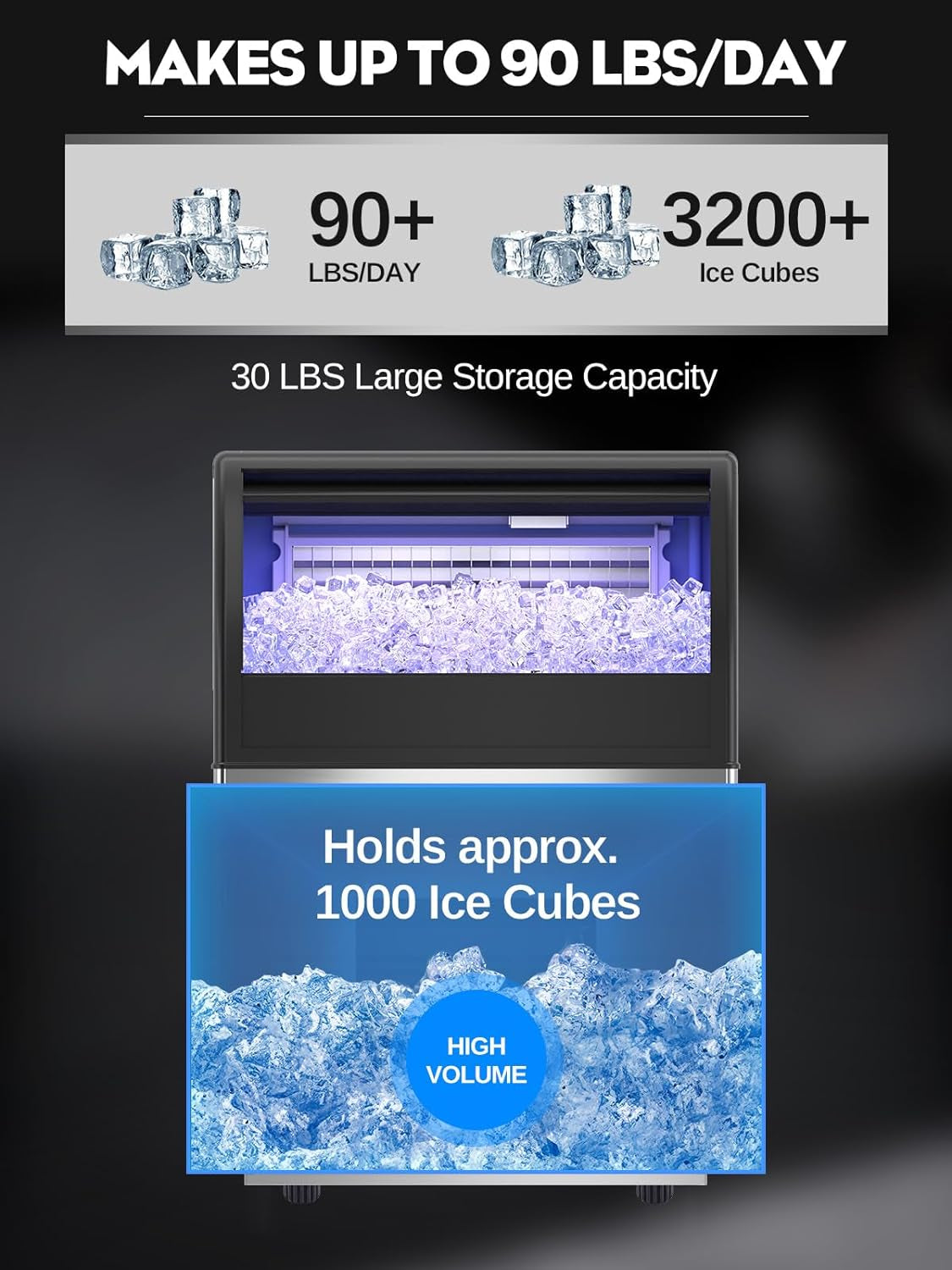 ETL Commercial Ice Machine- 90Lbs/24H, Fast Ice Maker Machine, under Counter Stainless Steel Freestanding Ice Maker with Big Storage Capacity, LED Display - Ideal for Bar Home Restaurant