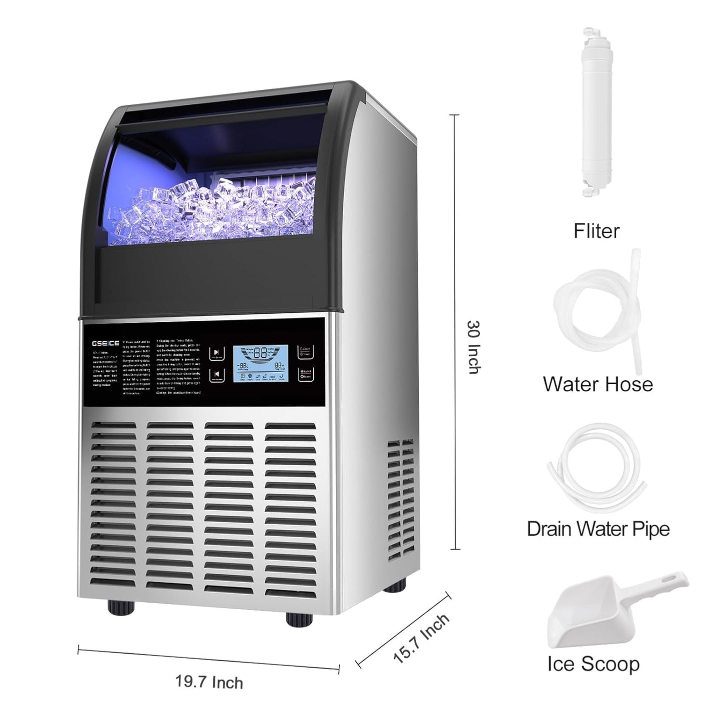 ETL Commercial Ice Machine- 90Lbs/24H, Fast Ice Maker Machine, under Counter Stainless Steel Freestanding Ice Maker with Big Storage Capacity, LED Display - Ideal for Bar Home Restaurant