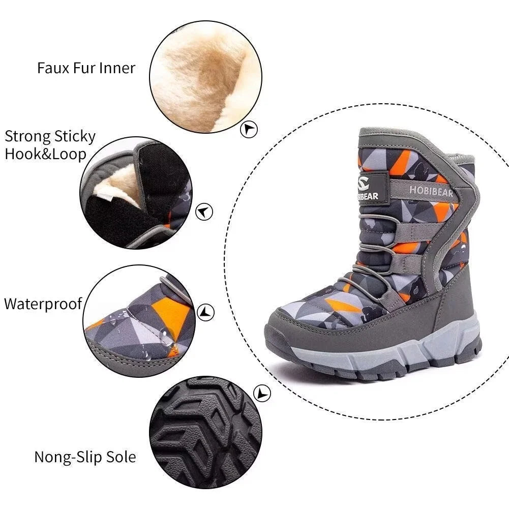 Boys Snow Boots Winter Waterproof Slip Resistant Shoes Orange/Grey,11 Little Kid