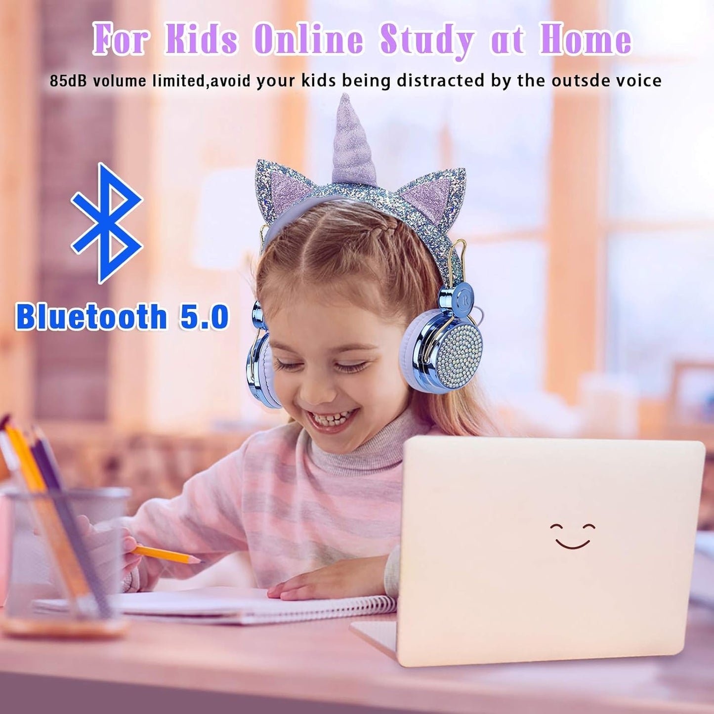 Kids Unicorn Headphones for Girls - Wireless Bluetooth Headset with Mic, Adjustable Headband, over Ear for Smartphones/School/Kindle/Tablet/Pc (Blue)
